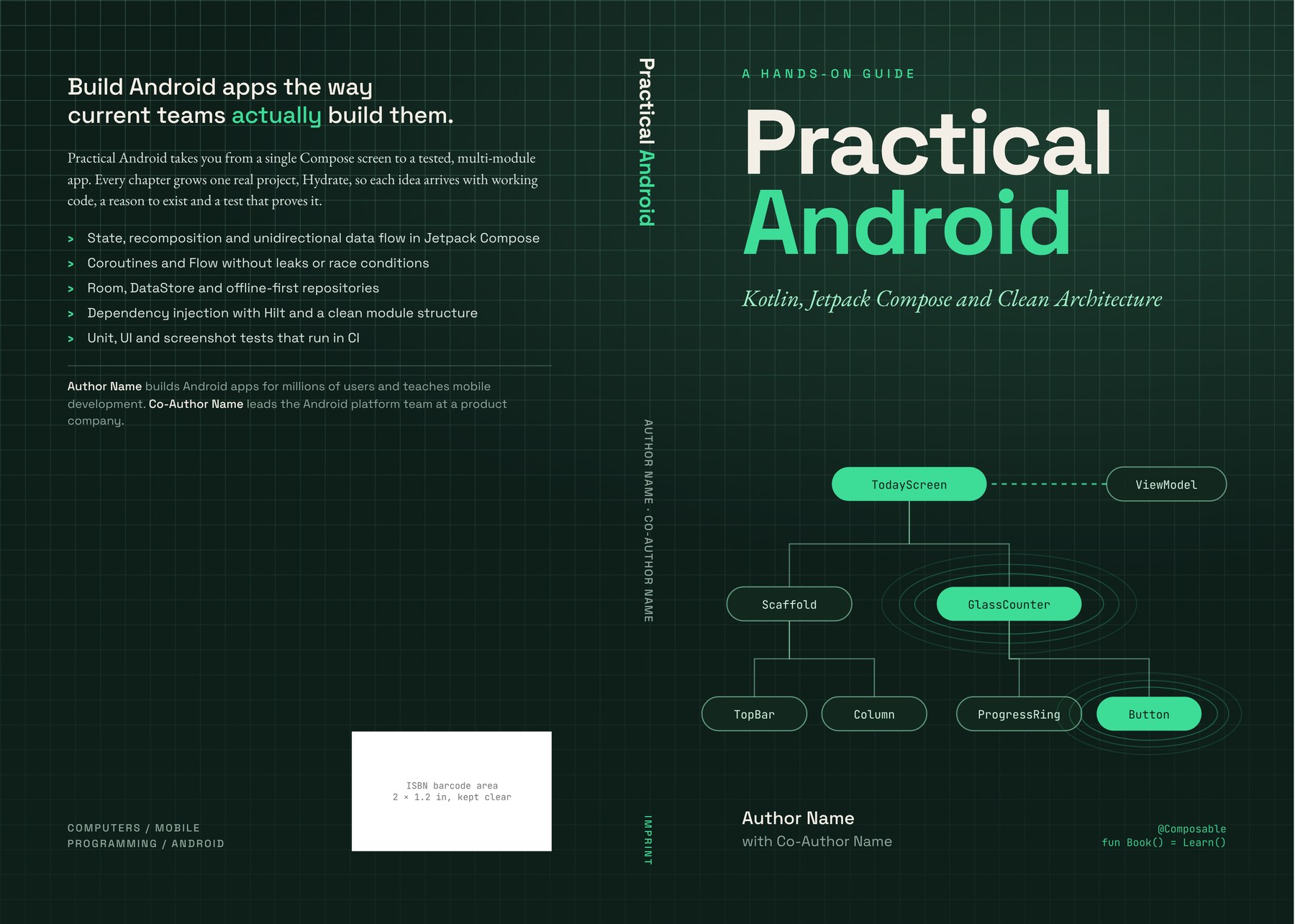 Full cover spread: back cover, spine and front cover of Practical Android