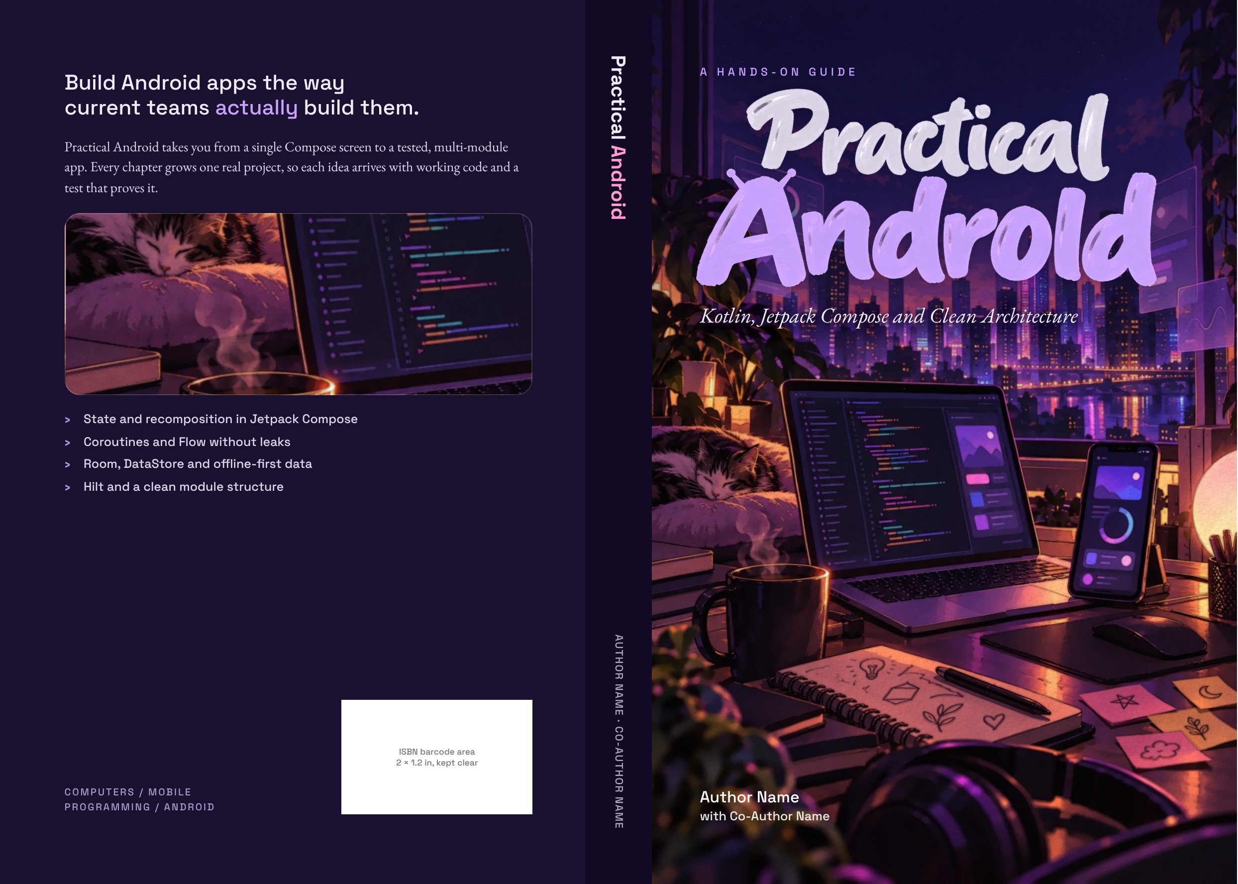 Dark illustrated cover: night desk with city lights